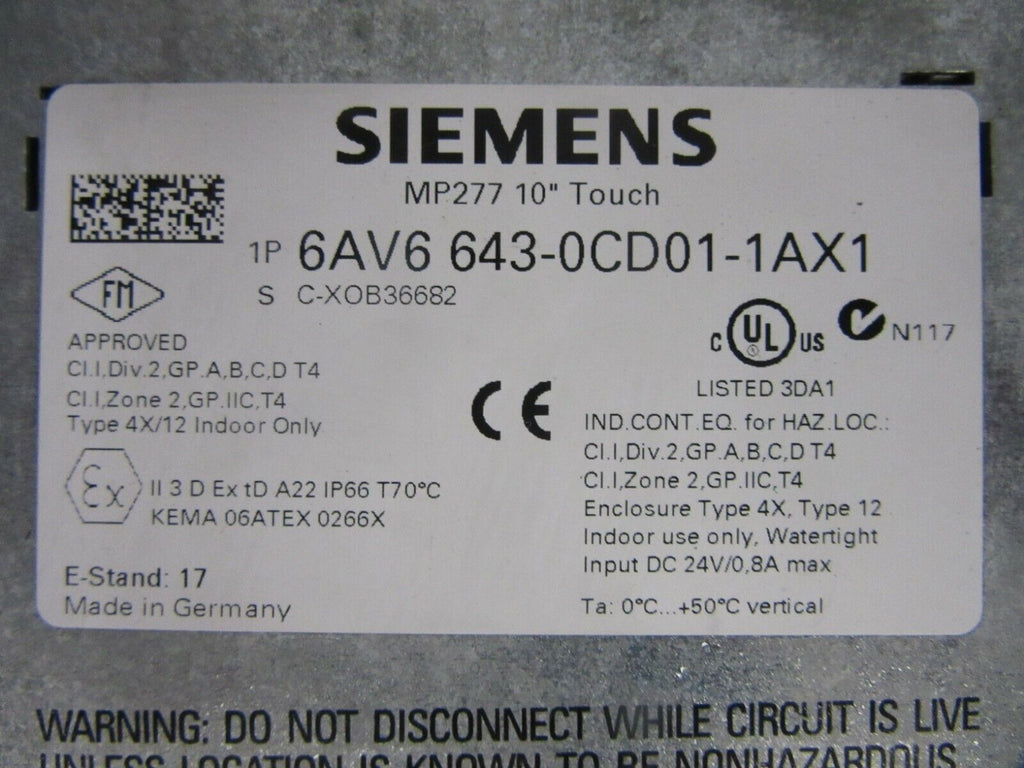 Siemens MP277 10" Touch 6AV6 643-0CD01-1AX1 E-Stand: 17 Multi Panel 