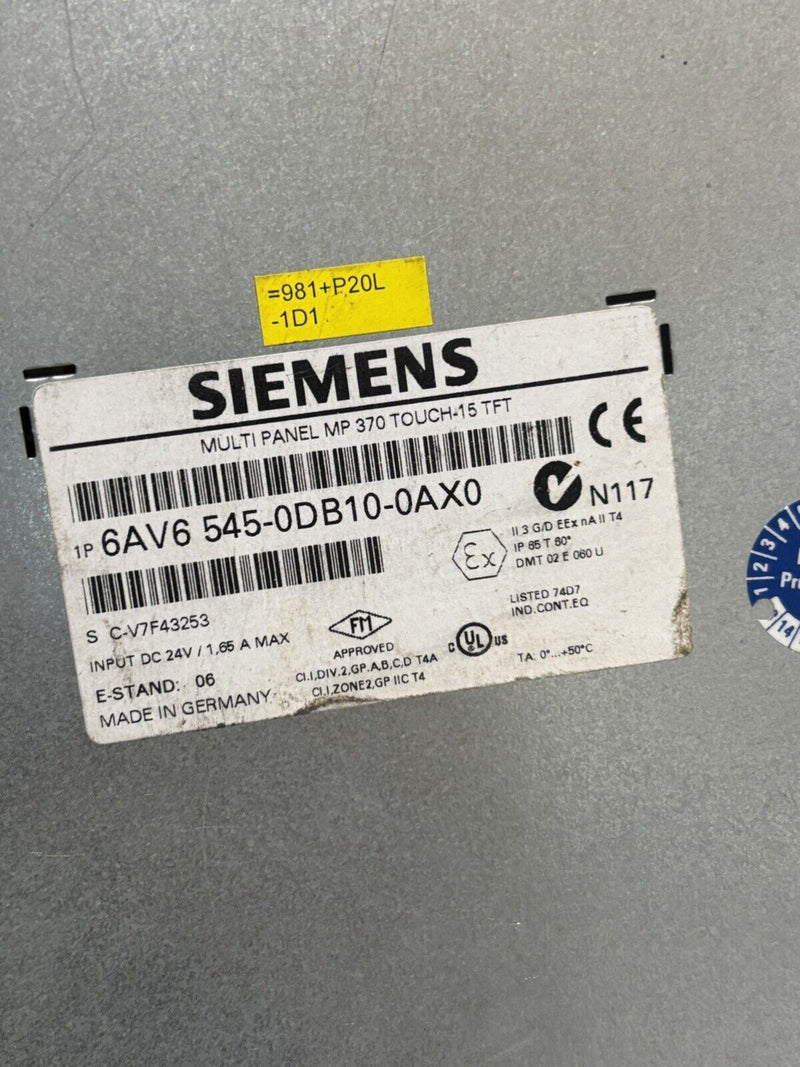 SIEMENS 6AV6 545-0DB10-0AX0 Multi Panel MP 370 TOUCH-15 TFT E-Stand: 06