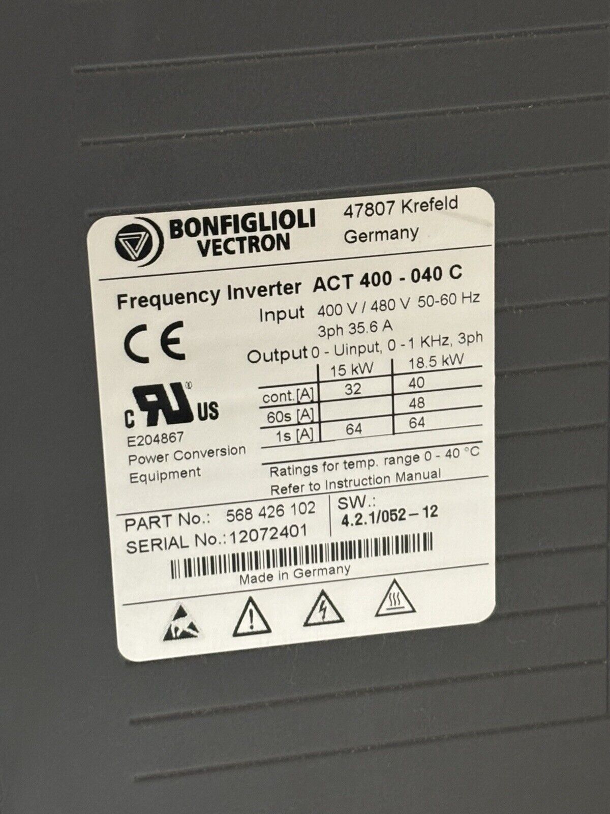 Bonfiglioli Vectron Inverter Type ACT 400-040 C Part Nr. 568426102