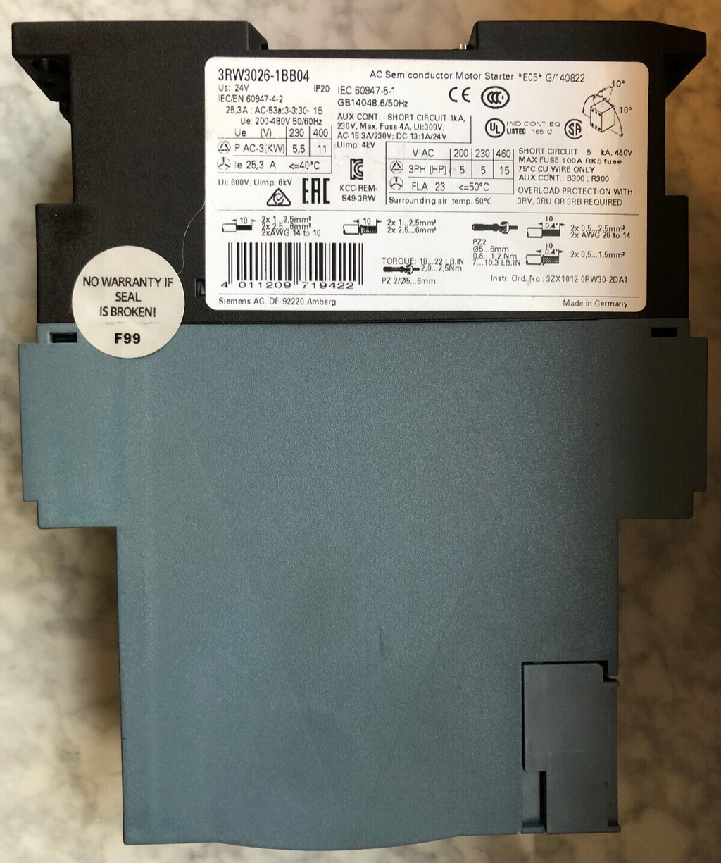 Siemens Sirius 3RW3026-1BB04 AC Semiconductor Motor Starter