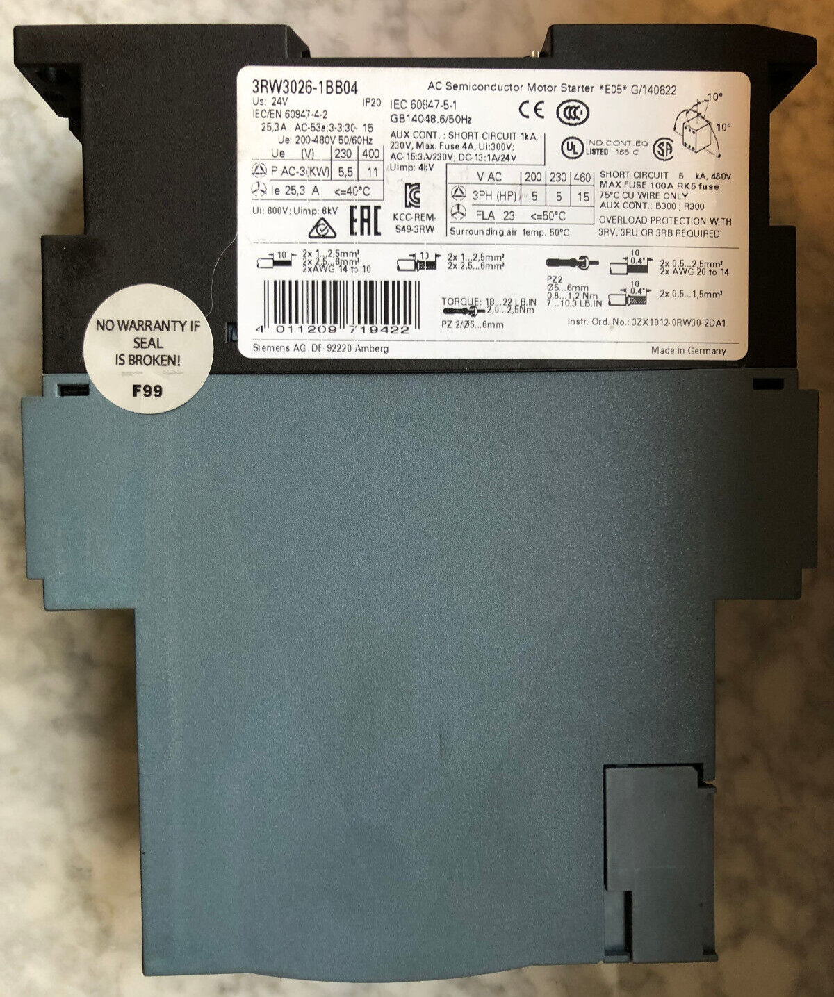 Siemens Sirius 3RW3026-1BB04 AC Semiconductor Motor Starter