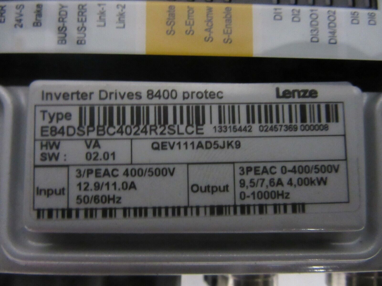 Lenze Inverter Drives 8400 protec Type E84DSPBC4024R2SLCE 4,00kW