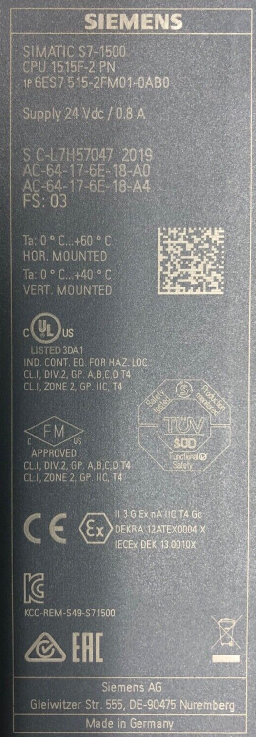 Siemens S7-1500 6ES7 515-2FM01-0AB0 CPU 1515F-2PN