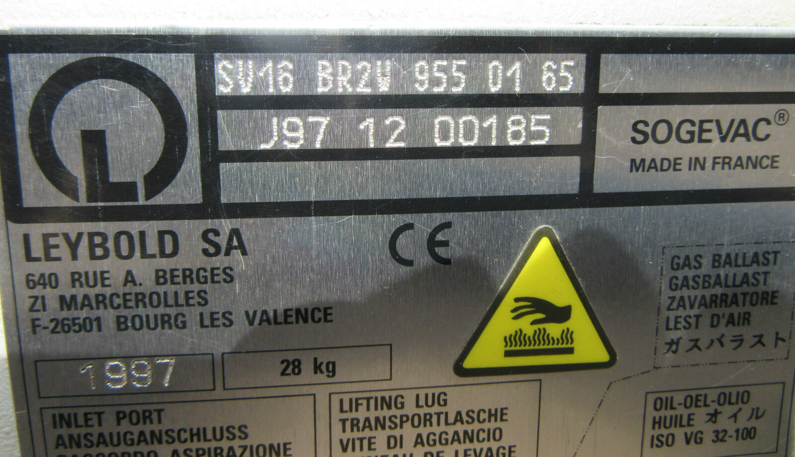 Leybold SA SV16 BR2V 955 01 65 J97 12 00185 28Kg