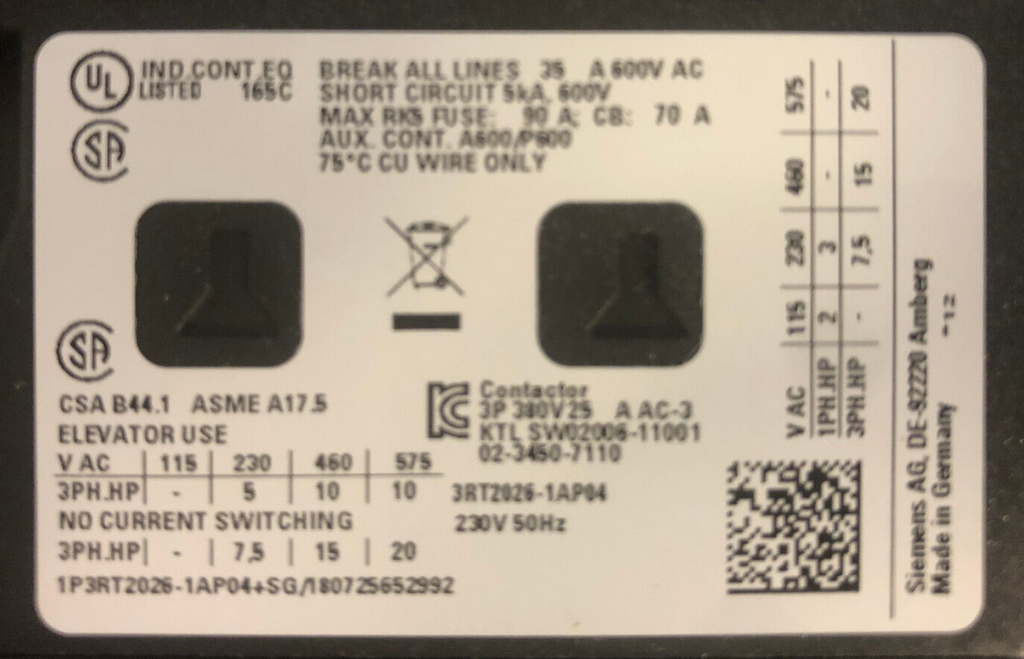 Siemens Schütz Contactor 3RT2026-1AP04 400V, 11KW