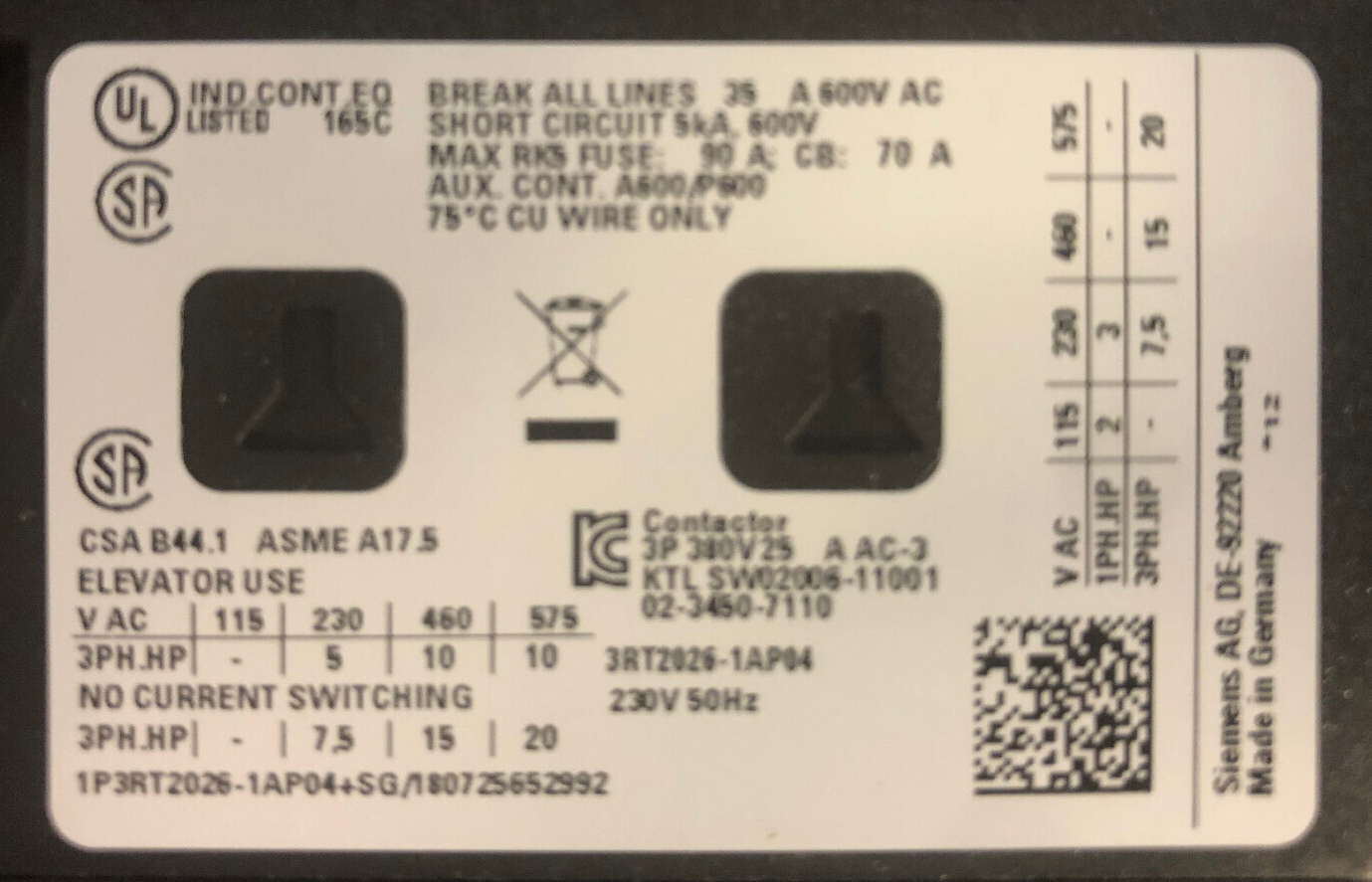 Siemens Schütz Contactor 3RT2026-1AP04 400V, 11KW