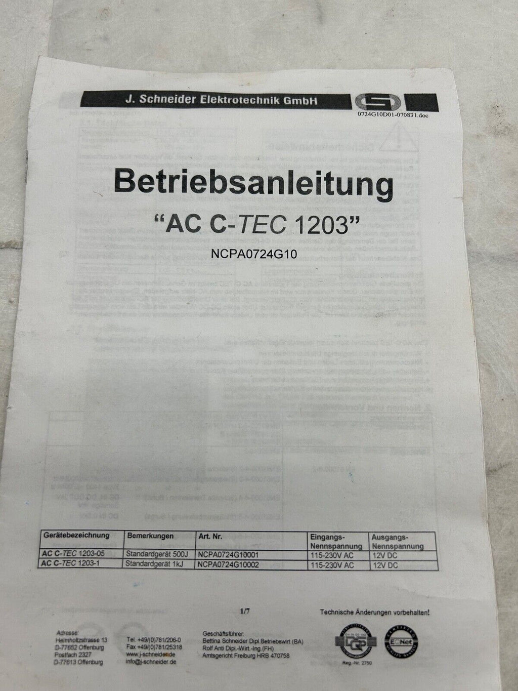 J. Schneider Elektrotechnik Netzteil AC C-TEC 1203-06 NPCA0724G10001-090821