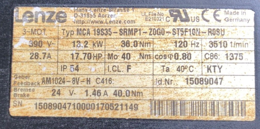 Lenze Servo-Motor MCA 19S35-SRMP1-Z0G0-ST5F10N-R0SU mit GST07-2A VBR 19SC35
