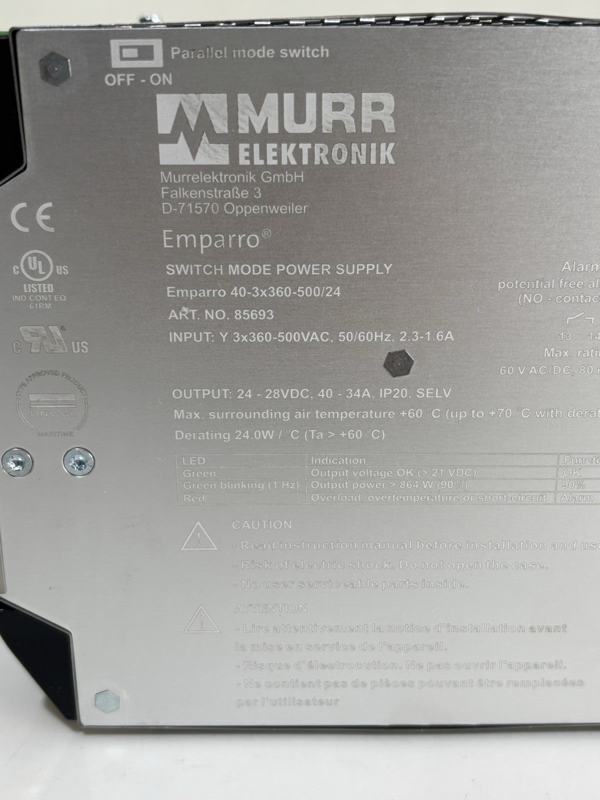 Murr Emparro 40-3x360-500/24 85693 Switch Mode Power Supply