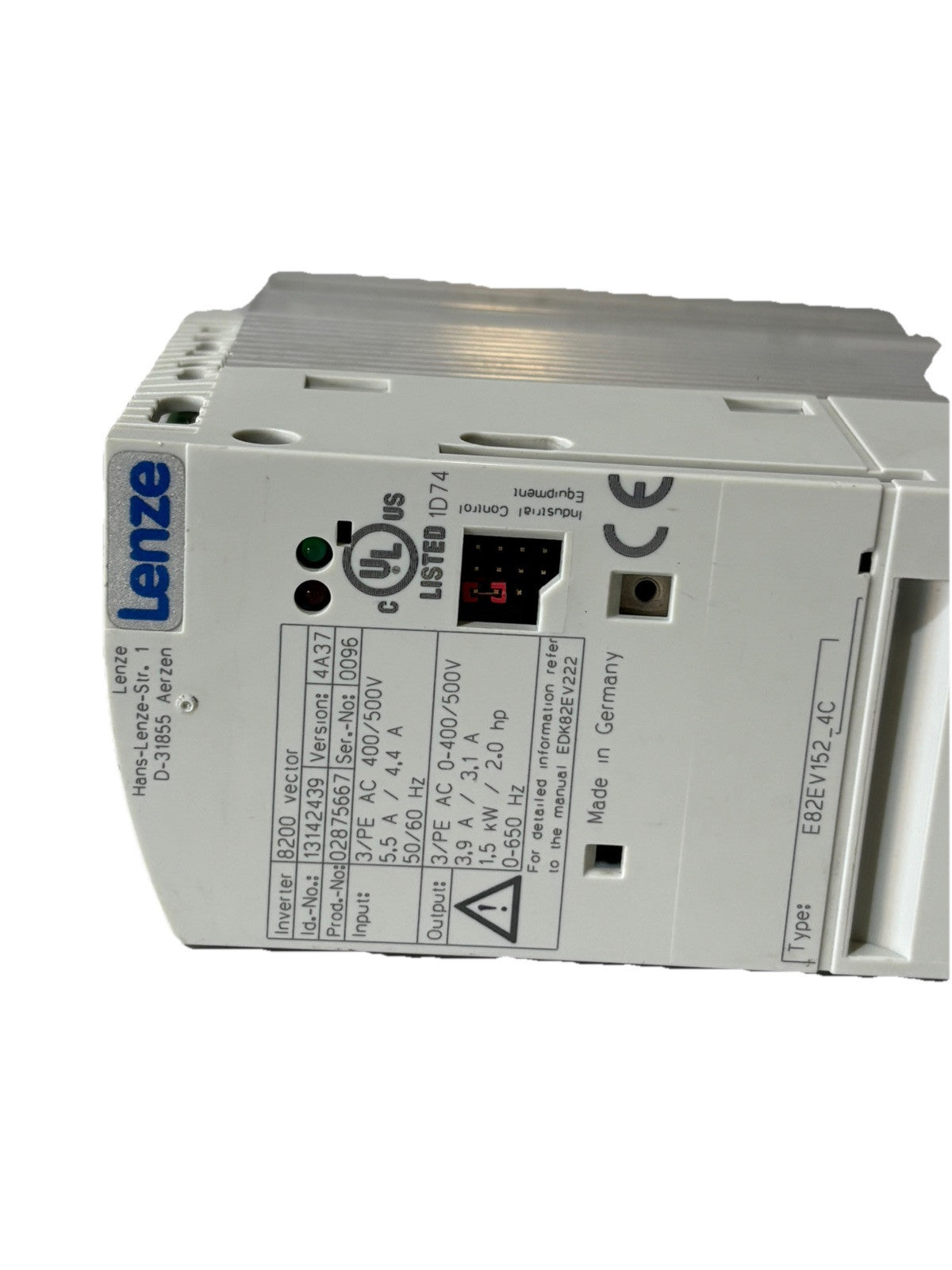 LENZE E82EV152_4C 8200 Vector Id.-No. 13142439 Version 4A37 Prod.-No. 02875667