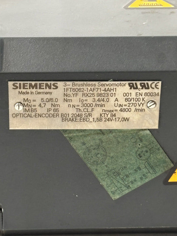 Siemens Brushless Servomotor 1FT6062-1AF71-4AH1