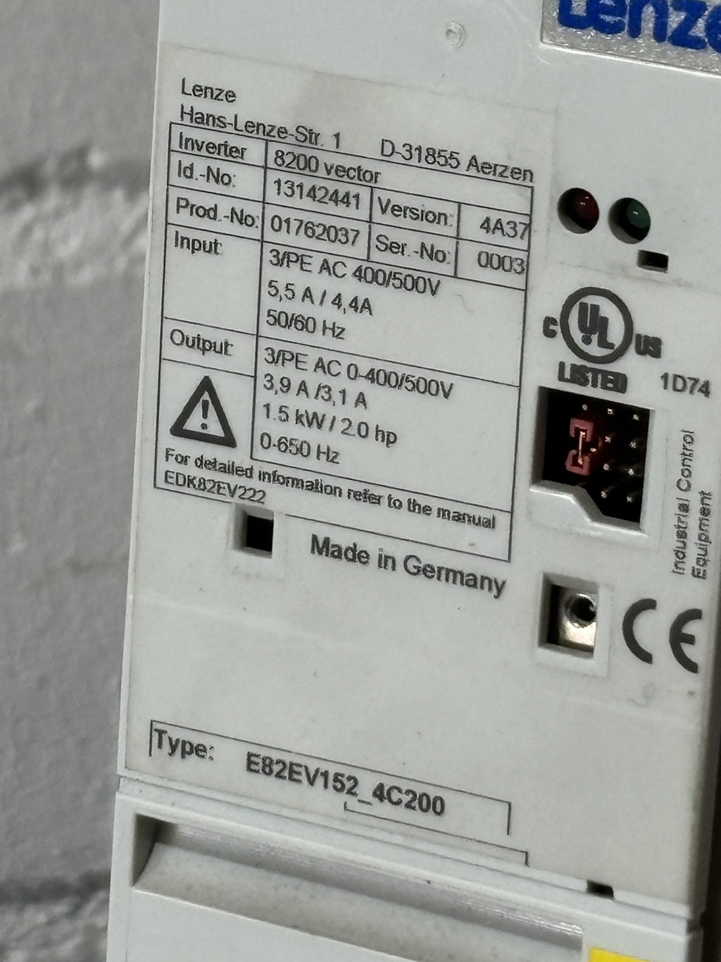 LENZE EBZEV152_4C200 ID 13142441 Inverter 8200 vector Version 4A37