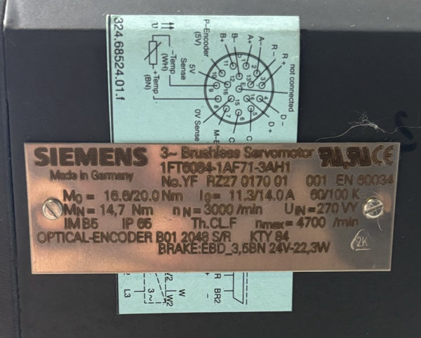 Siemens Brushless Servomotor 1FT6084-1AF71-3AH1