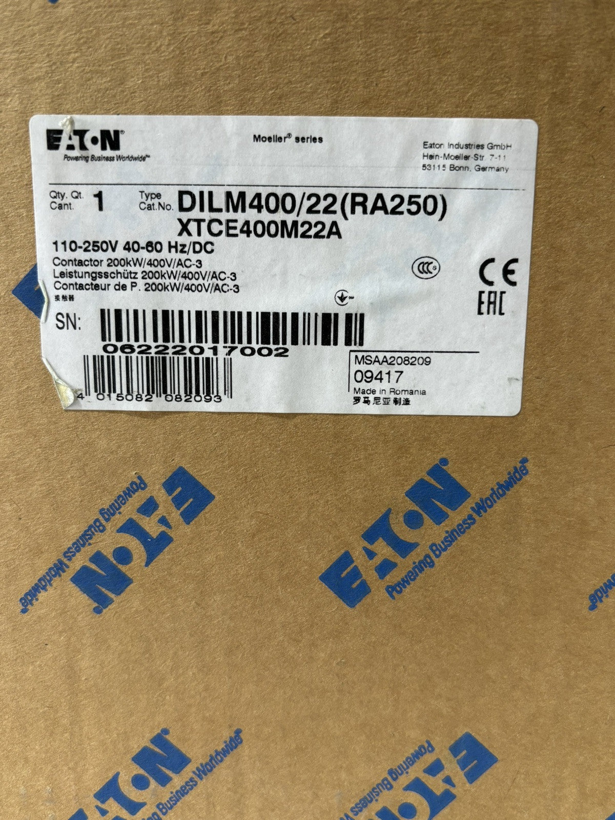 EATON DILM400/22 (RA250) 200KW Spulenspannung/Coil  110-250V 40-60Hz/DC