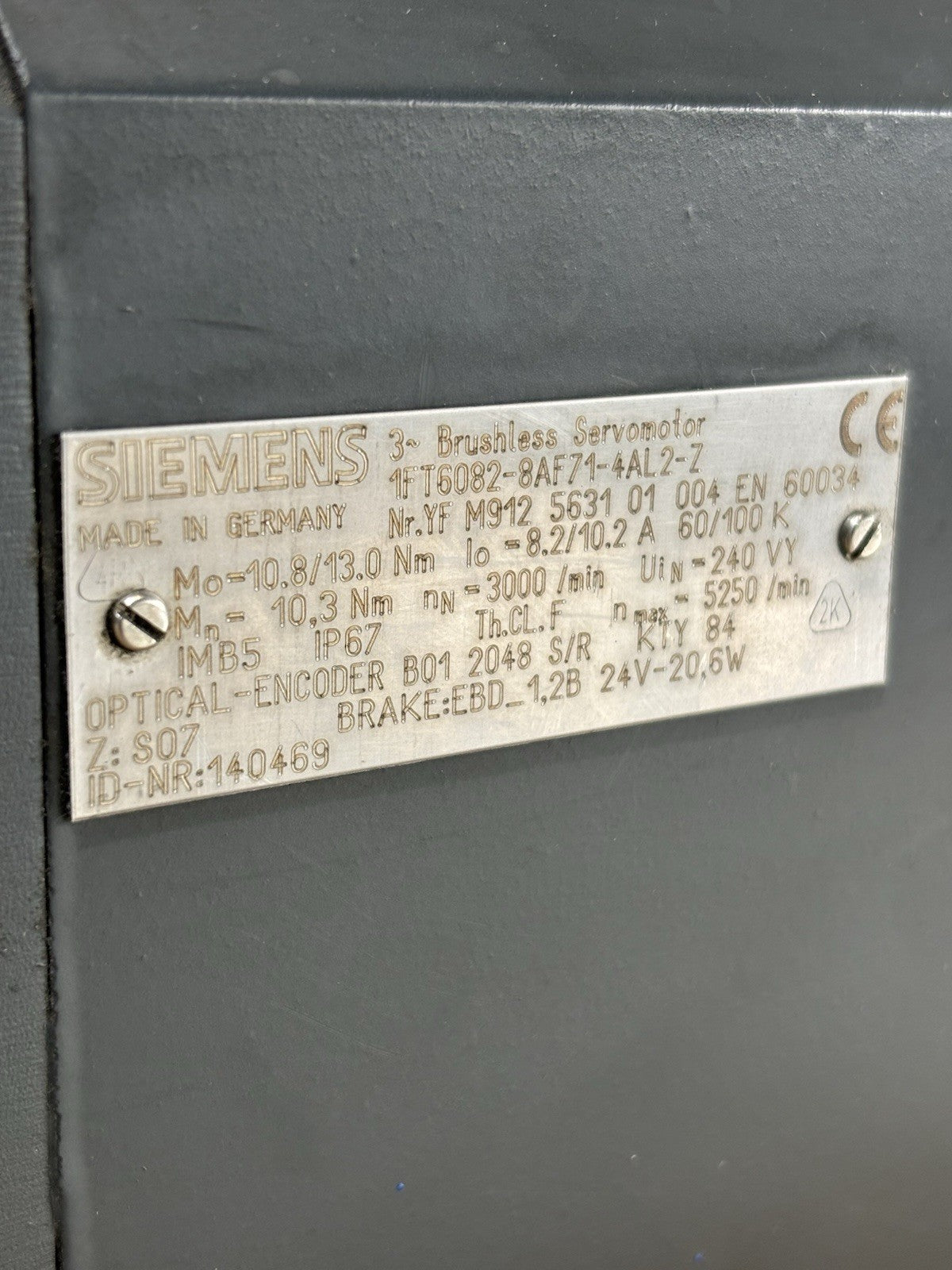 Siemens 1FT6082-8AF71-4AL2-Z Servomotor Brake Encoder