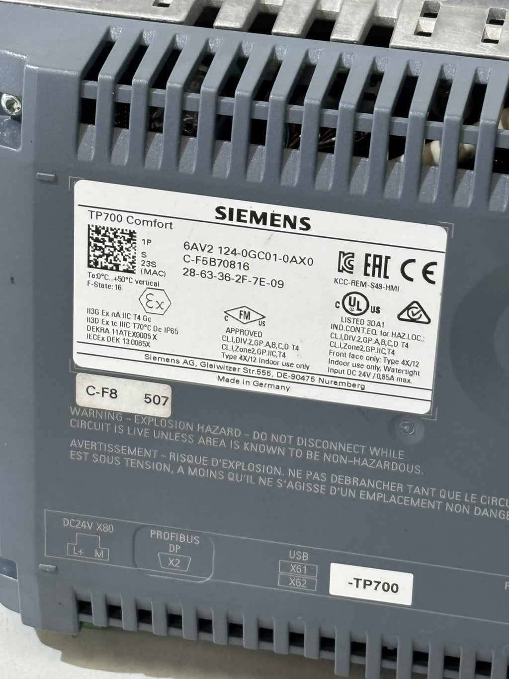 Siemens Simatic 6AV2 124-0GC01-0AX0 TP700 Comfort Panel HMI