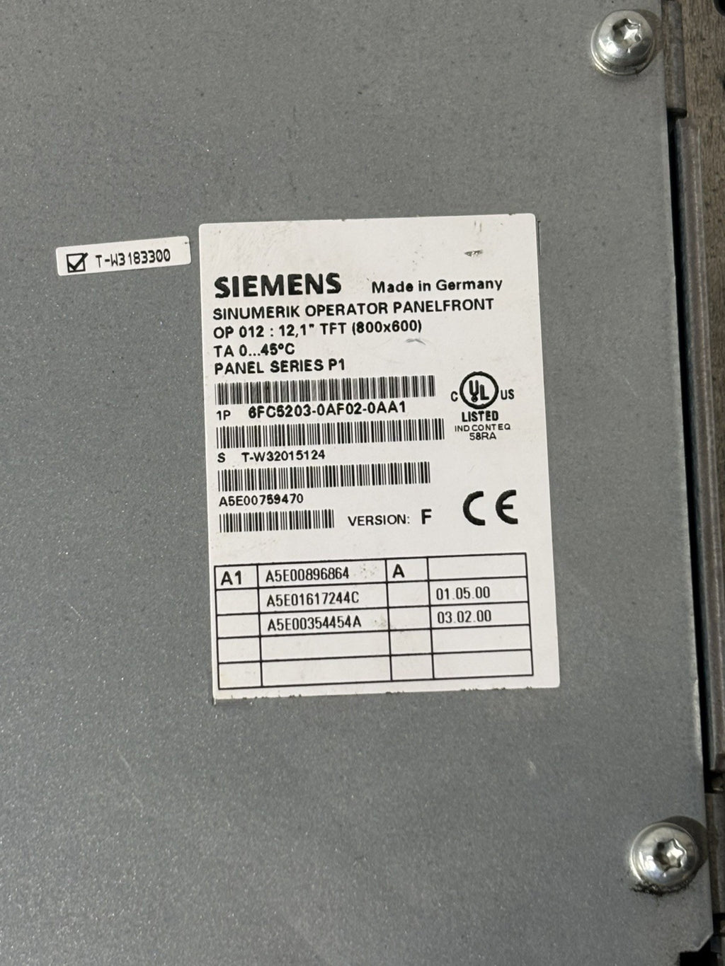 SIEMENS SINUMERIK 6FC5203-0AF02-0AA1 Version: F OP 012 Operator Panelfront