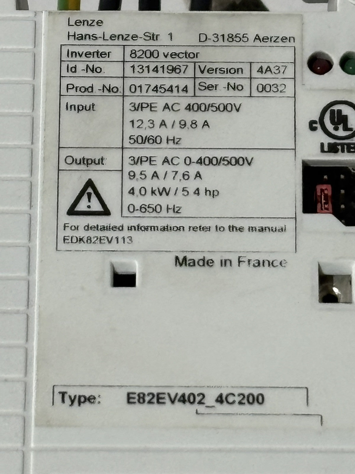 LENZE E82EV402_4C200 ID 13141967 Inverter 8200 vector