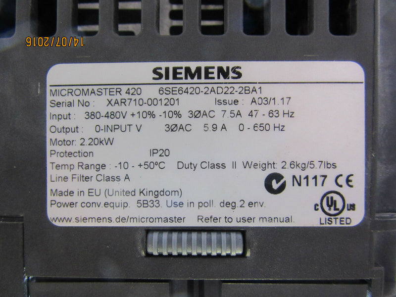 Siemens Micromaster 420 | 6SE6420-2AD22-2BA1 | 2.20kW | used