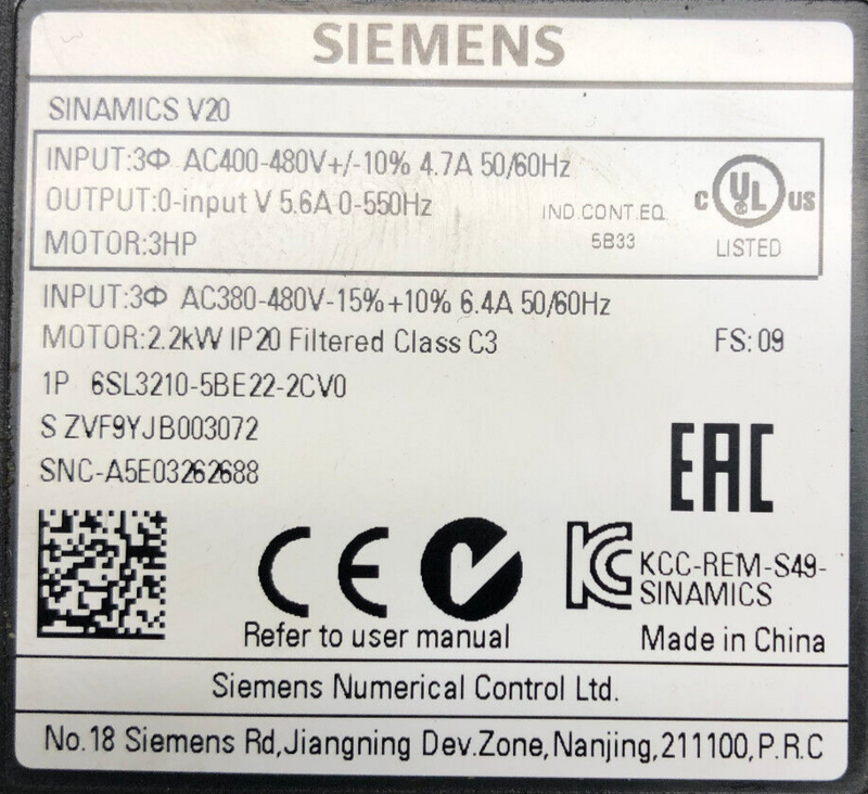 Siemens SINAMICS V20 6SL3210-5BE22-2CV0, 3AC380V-480V 2.2KW