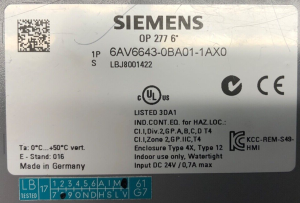 Siemens Panel OP277 6AV6643-0AB01-1AX0