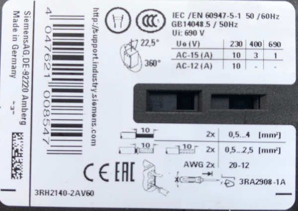 SIEMENS SIRIUS 3RH2140-2AV60 Spulenspannung 440V 50Hz