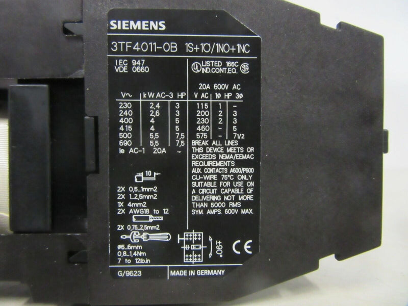 Siemens 3TF4011-0B 1S+1Ö/ 1NO+1NC Schütz