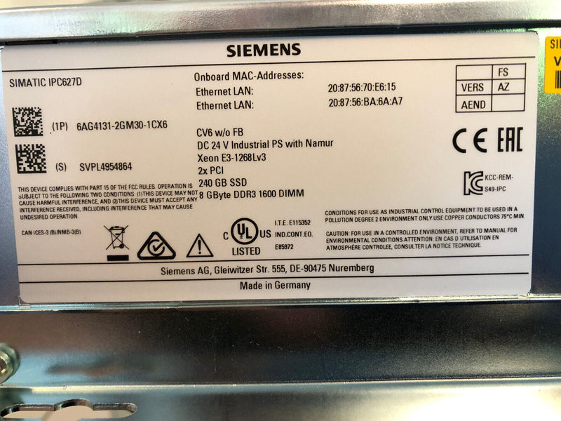SIEMENS Simatic Box PC IPC627D 6AG4131-2GM30-1CX6