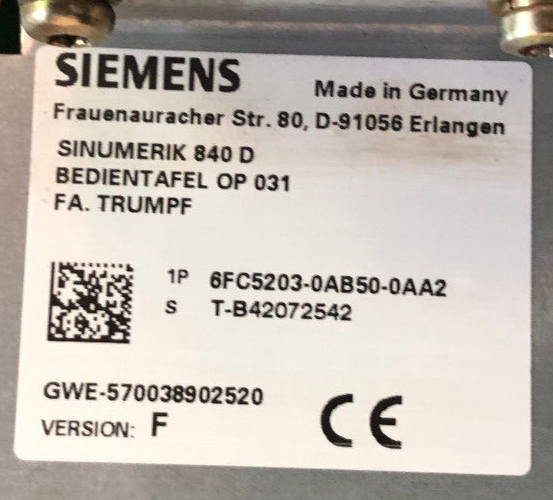 Siemens SINUMERIK 840D Bedientafel OP031 Fa.TRUMPF 6FC5203-0AB50-0AA2 Version: F