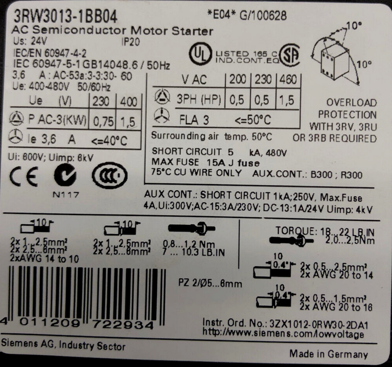 Siemens Sirius Motorstarter 3RW3013-1BB04