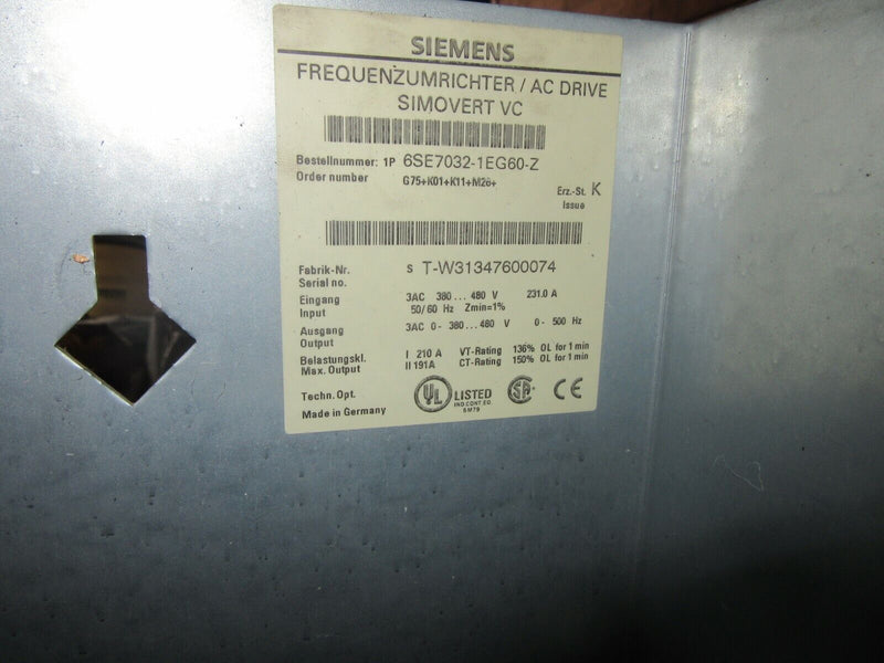 Siemens 6SE7032-1EG60-Z Frequenzumrichter/AC Drive Simovert VC