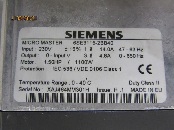 Siemens Micro Master 6SE3115-2BB40 Output: 4.8A -used-