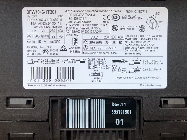 Siemens 3RW4046-1TB04 AC Semiconductor Motorstarter 80A, 45KW