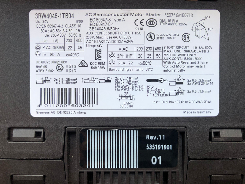 Siemens 3RW4046-1TB04 AC Semiconductor Motorstarter 80A, 45KW