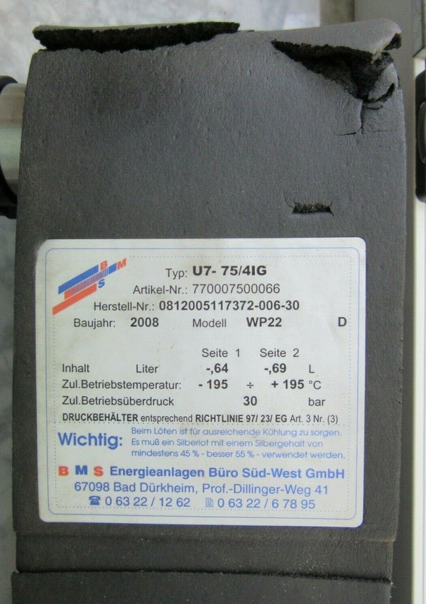 Wärmetauscher 30bar BMS Typ U7-75/4IG WP22 +/- 195°C