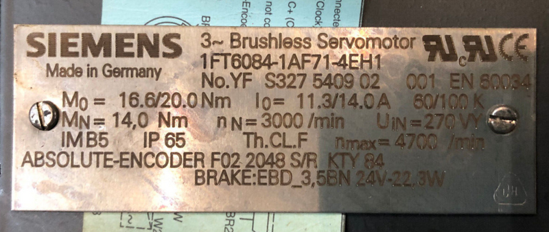 Siemens Brushless Servomotor 1FT6084-1AF71-4EH1