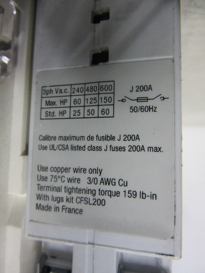 Siemens General Purpose Switch J 200A 600V 3ph CFS364JN -used-