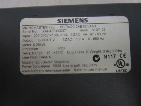 Siemens MICROMASTER 420 / 6SE6420-2AB12-5AA0 E-Stand B10\1.05