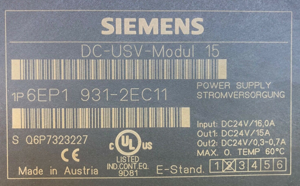 Siemens Simatic S7 Power DC-USV-Modul 15 6EP1 931-2EC11 6EP1 931-2EC11 E-Stand:2