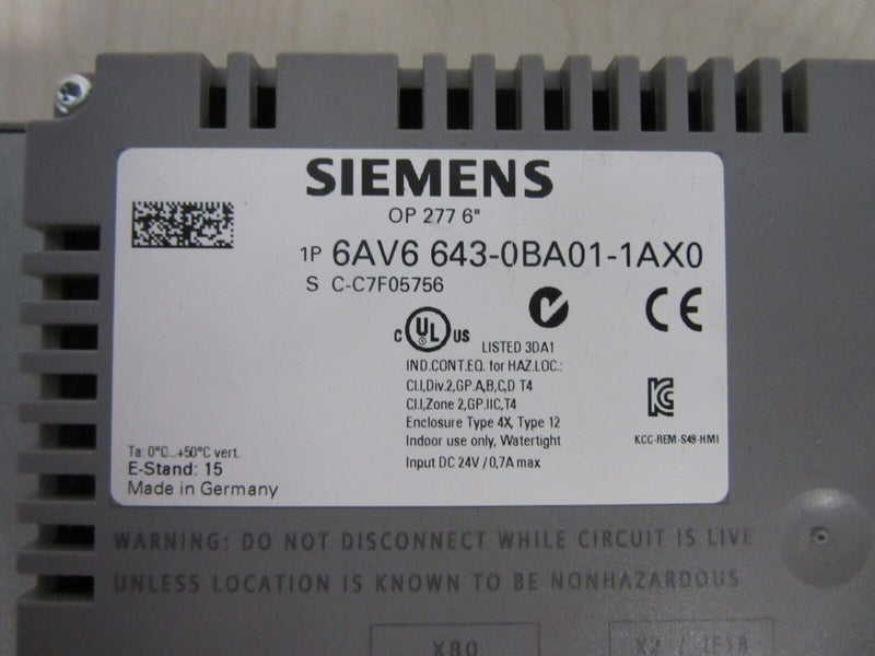 Siemens Operator Panel OP 277 6" 6AV6 643-0BA01-1AX0 E-Stand: 15