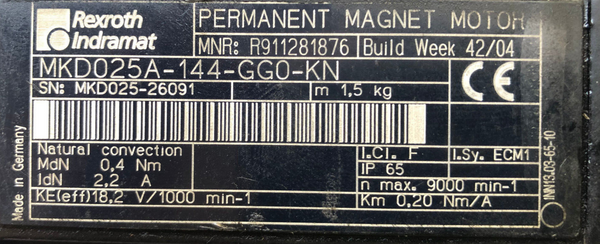 Rexroth R911281876 MKD025A-144-GG0-KN Permanent Magnet Motor