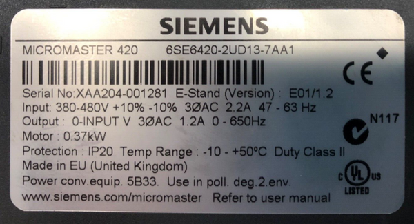 Siemens MICROMASTER 420 6SE6420-2UD13-7AA1, 0,37KW