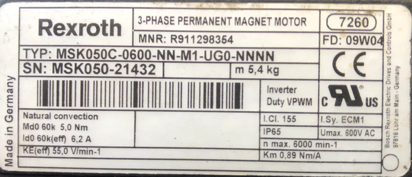 Rexroth R911298364 MSK050C-0600-NN-M1-UG0-NNNN 3-Phase Permanent Magnet Motor