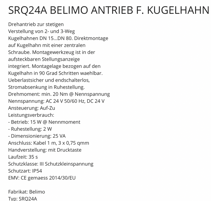 Belimo SRQ24A-SR Antrieb für Kugelhahn 16Nm AC DC 24V mit Anschluss R2015-4-S1