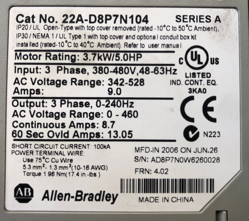 Allen-Bradley Powerflex4 22A-D8P7N104 Series A 3,7KW