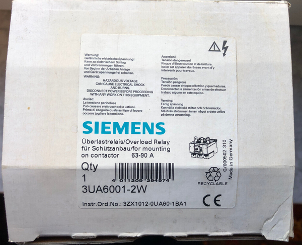 Siemens Überlastrelais 63-90A 3UA6001-2W 3ZX1012-0UA60-1BA1