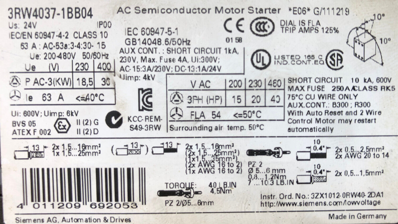 Siemens 3RW4037-1BB04 AC Semiconductor Motor Starter