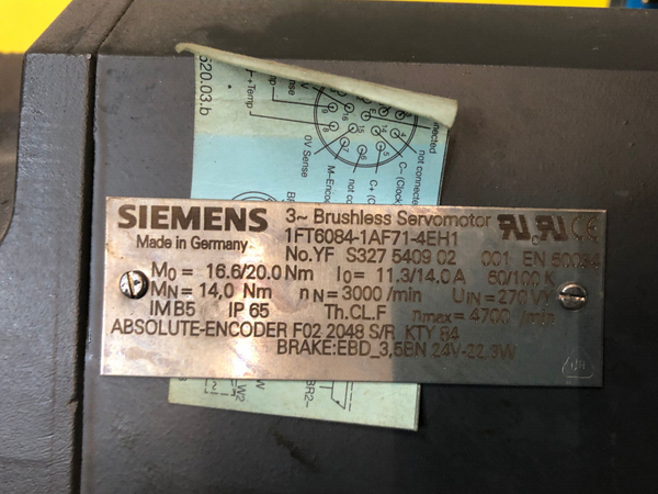 Siemens Brushless Servomotor 1FT6084-1AF71-4EH1
