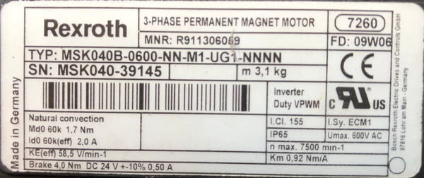 Rexroth Permanent Magnet Motor MSK040B-0600-NN-M1-UG1-NNNN  R911306059 m. Bremse