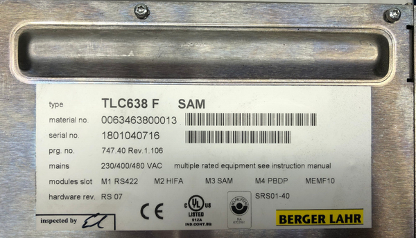 Berger Lahr TLC638F mit Module RS422+SAM +PBDP+HIFA+MEMF10 0063463800013